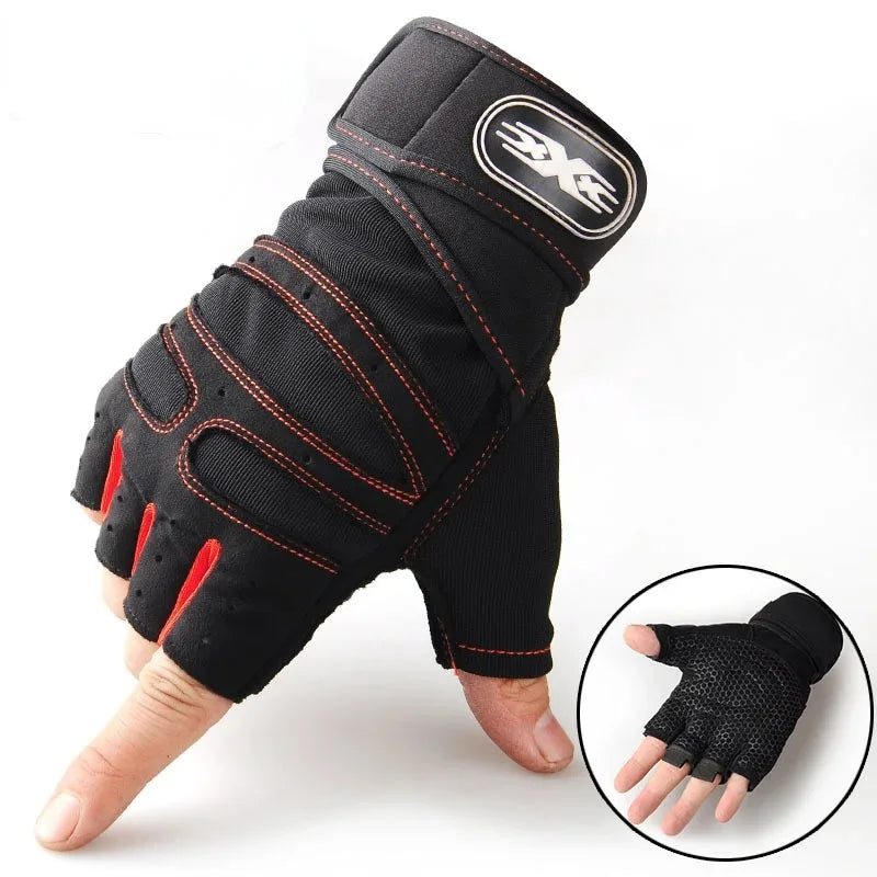 Black fingerless sports gloves with wrist support shown on a hand and a separate view of the palm side