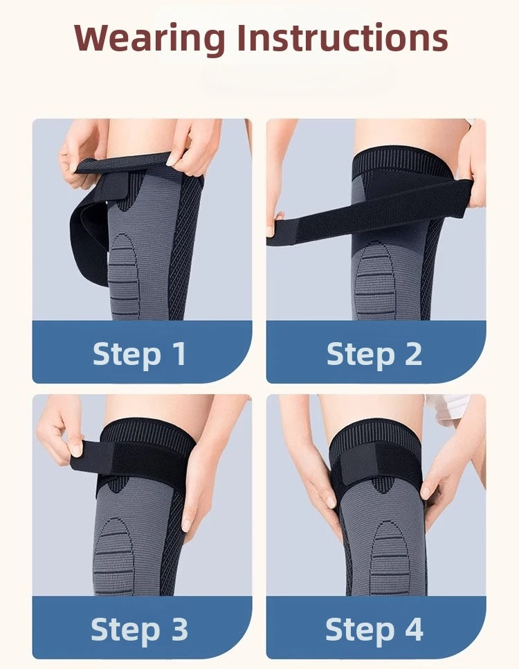 Four steps demonstrating how to wear non-slip elastic knee sleeves for warmth and support