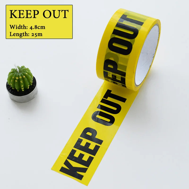 Yellow industrial safety warning tape roll with black text KEEP OUT on a white background.