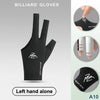 Black billiard gloves shown on a hand, with close-ups of the design and fit.