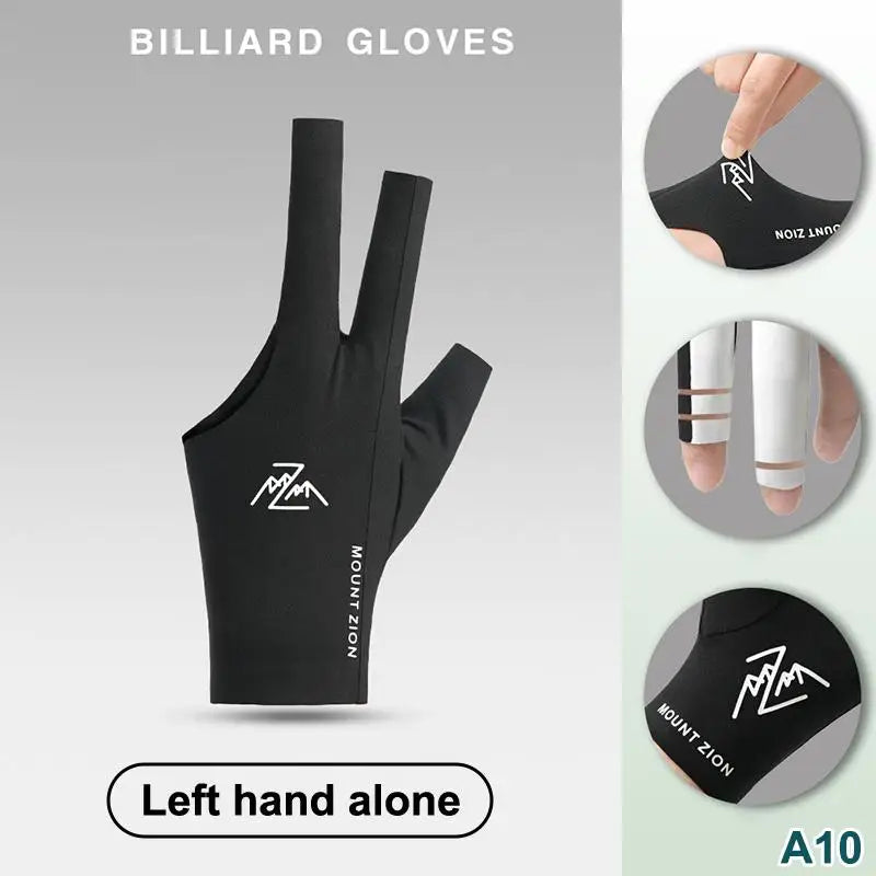 Black billiard gloves shown on a hand, with close-ups of the design and fit.