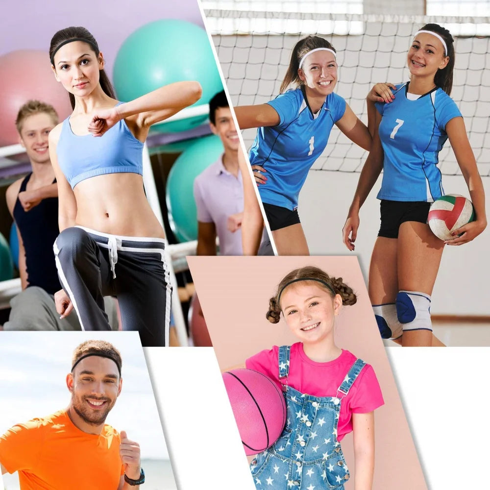 Collage von Menschen, die blaue und rosa Sport-Headbänder tragen oder halten.