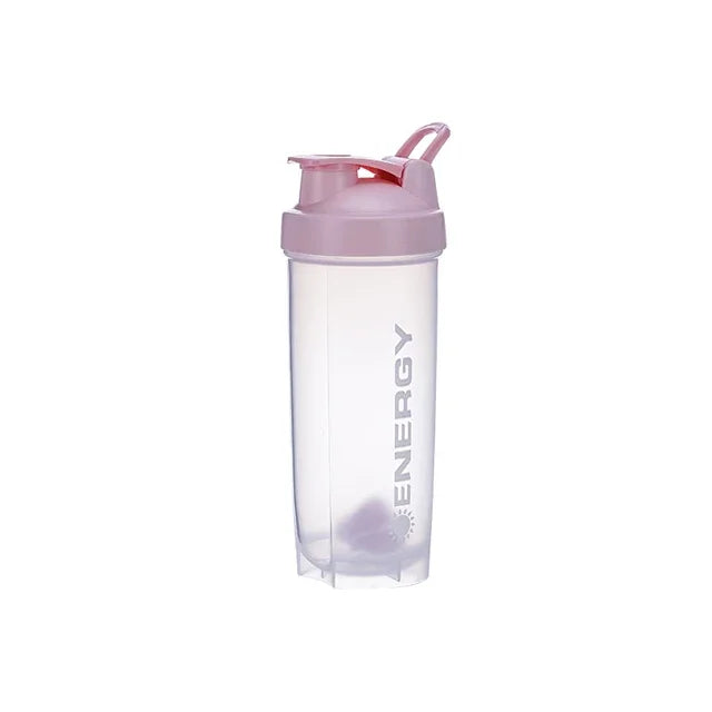Klare lila, portable Protein-Shaker-Flasche mit rosa Deckel.