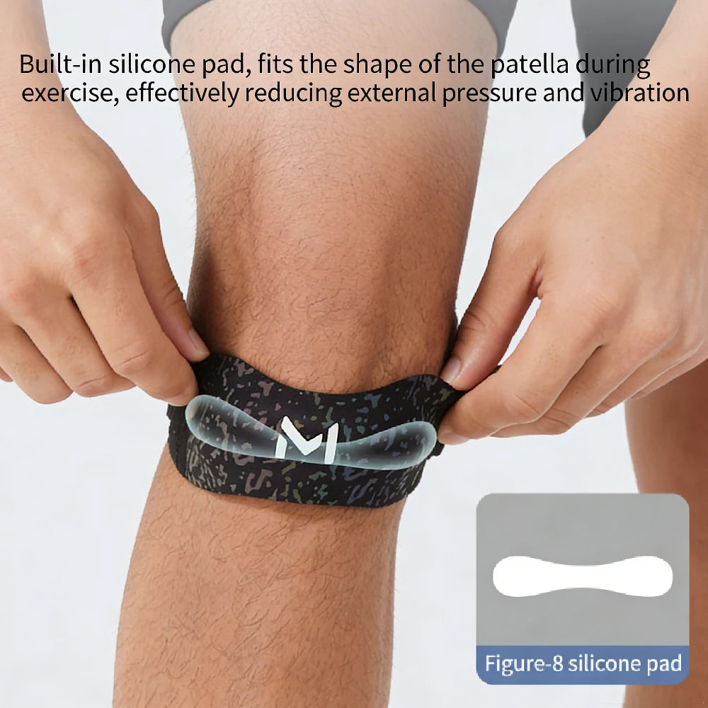 A person is applying a silicone pad to their knee during exercise, demonstrating the fit of the patella support.