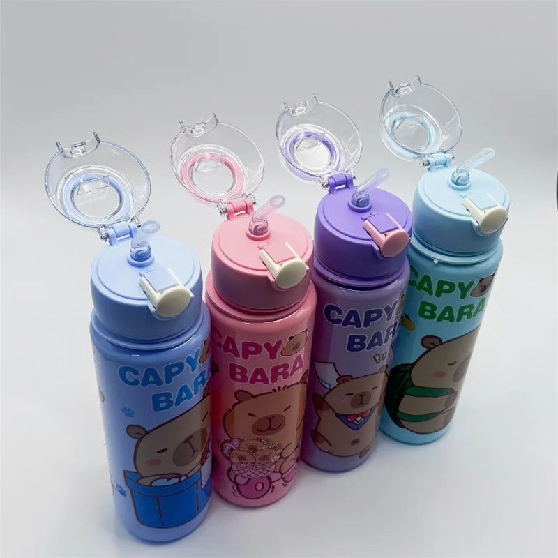 Five colorful leak-proof insulated water bottles with silicone carry straps arranged in a row.