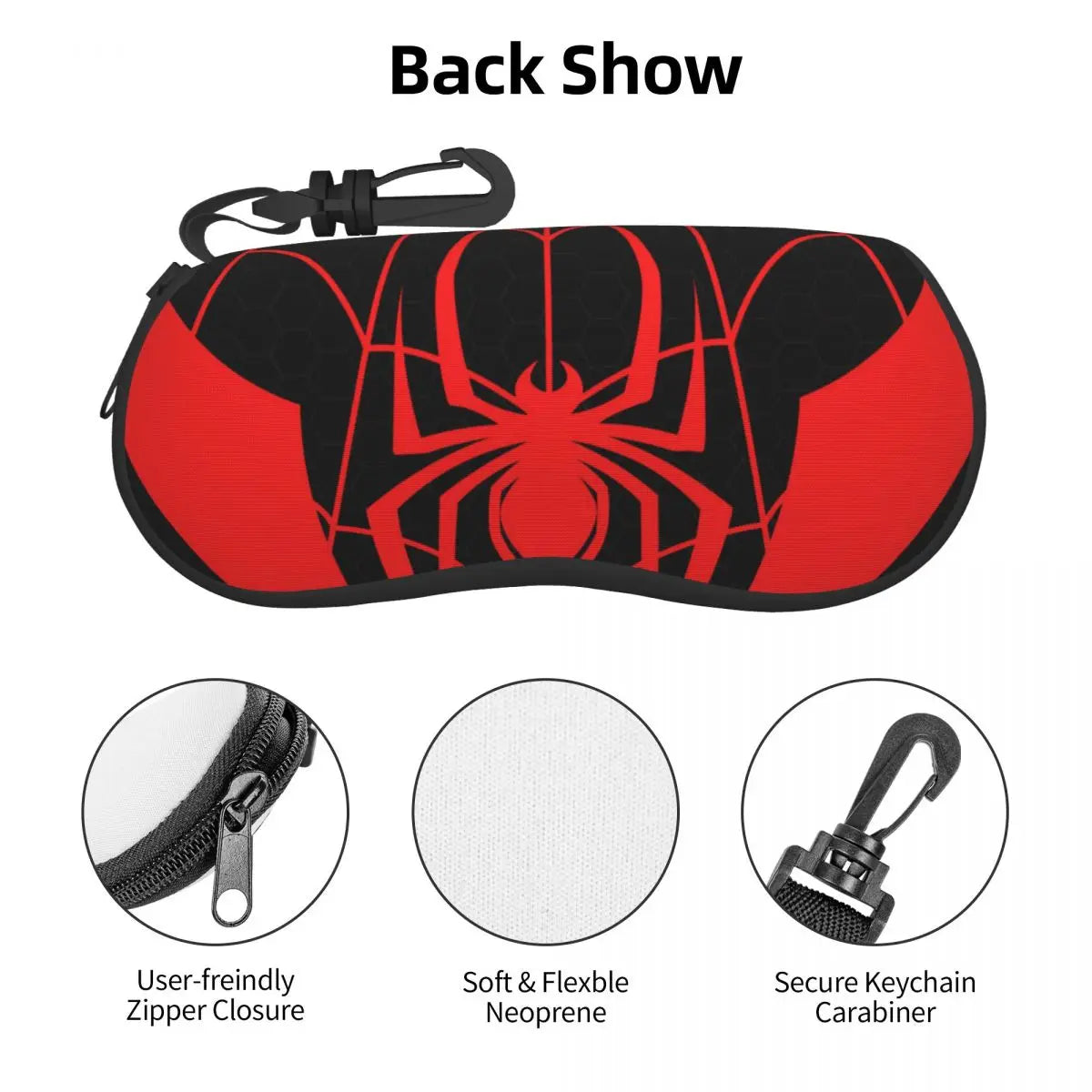 Black and red back show pouch featuring a spider web design, showing zipper closure and keychain carabiner features.