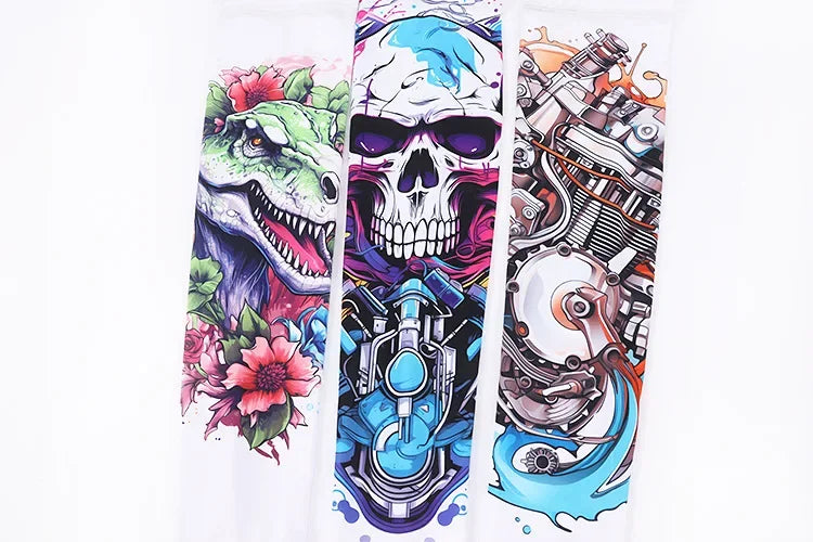 Arm sleeves featuring a skull design with vibrant colors and detailed artwork.