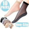 A package of 10 pairs of sheer, non-slip ankle socks for women shown on a model's leg.