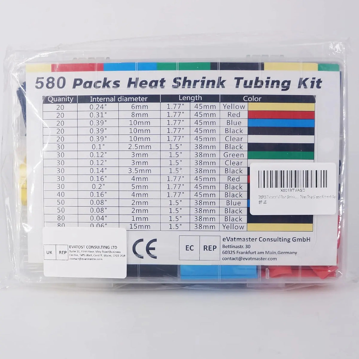 Paquete con 580 paquetes de kit de tubo termocontraíble con varios diámetros, longitudes y colores.