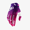 Purple and white durable motorcycle off-road cycling gloves shown in a close-up view