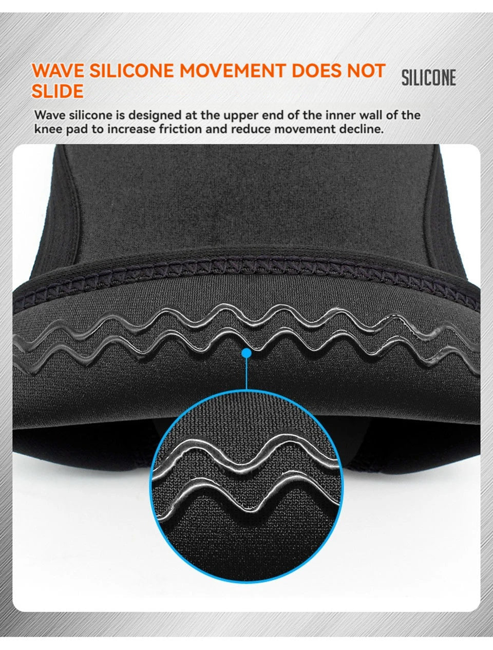 Close-up of a black knee sleeve showing wave silicone movement design for increased friction.