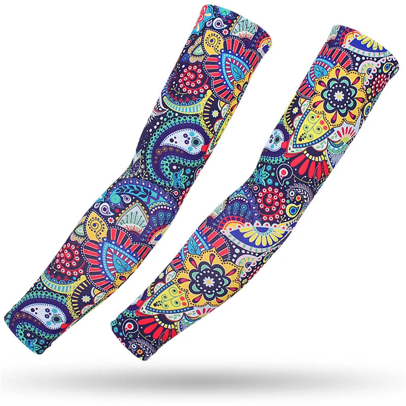 Two colorful, patterned sports arm sleeves designed for UV protection.
