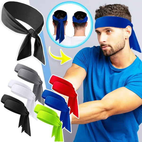 Un homme portant un bandeau bleu et divers bandeaux absorbants la sueur.