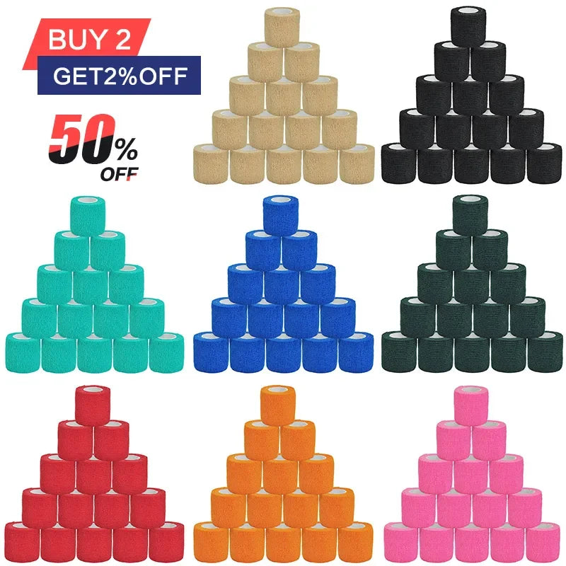 A display of various colored elastic tattoo grip tape cylinders stacked in a pyramid formation.