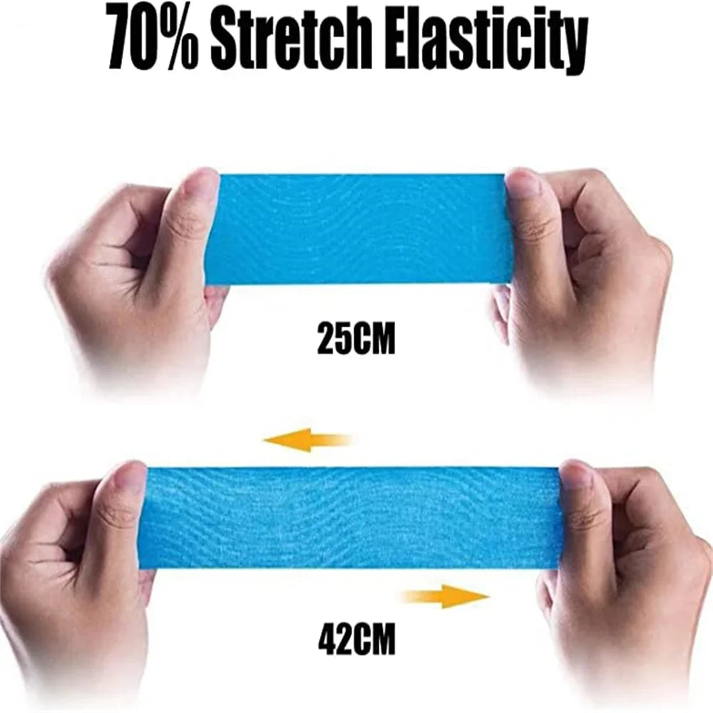 Hands hold two pieces of blue stretch elasticity tape, showing a comparison between 25cm and 42cm lengths.