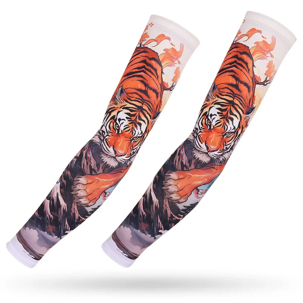 Two long-sleeved arm sleeves featuring an orange and black tiger print for sun and heat protection