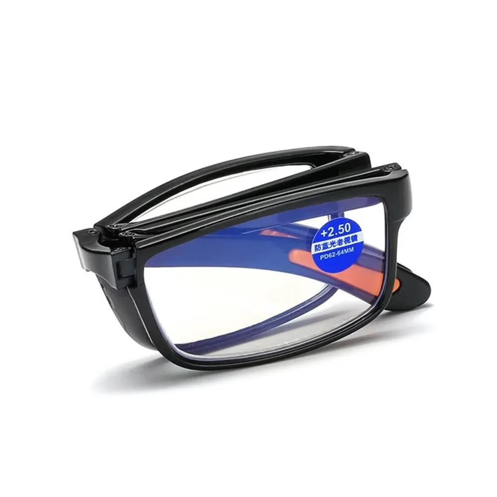 Black folding reading glasses with blue anti-blue light protection lens