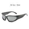 Silver gun-style sunglasses with dark lenses shown in a studio shot.