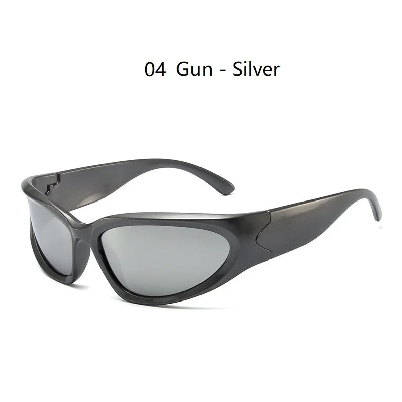 Silver gun-style sunglasses with dark lenses shown in a studio shot.
