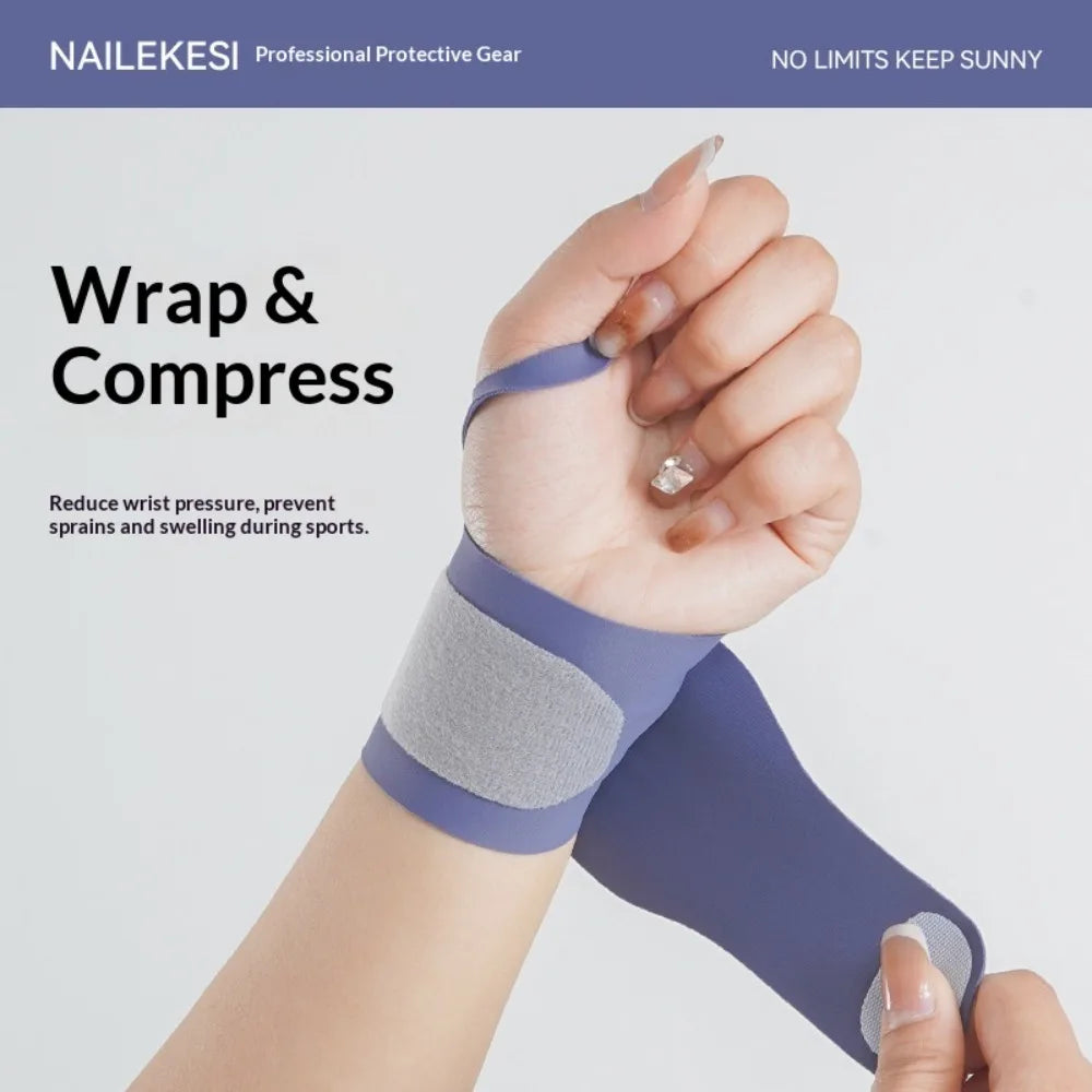 A hand is wearing a purple wrist compression brace for sports recovery.