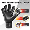 Guantes profesionales de látex negros de 4mm para portero, mostrando características antideslizantes y de control de balón