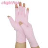 Light pink comfort compression hand gloves worn on a hand.