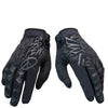 A pair of black breathable full-finger cycling gloves with graphic designs.
