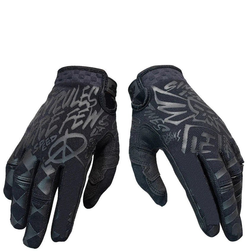 A pair of black breathable full-finger cycling gloves with graphic designs.