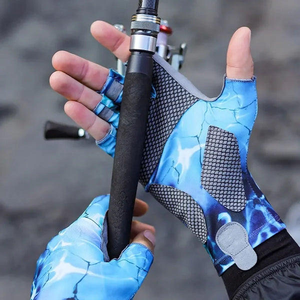 A hand wearing blue anti-slip fishing gloves holding a fishing rod.
