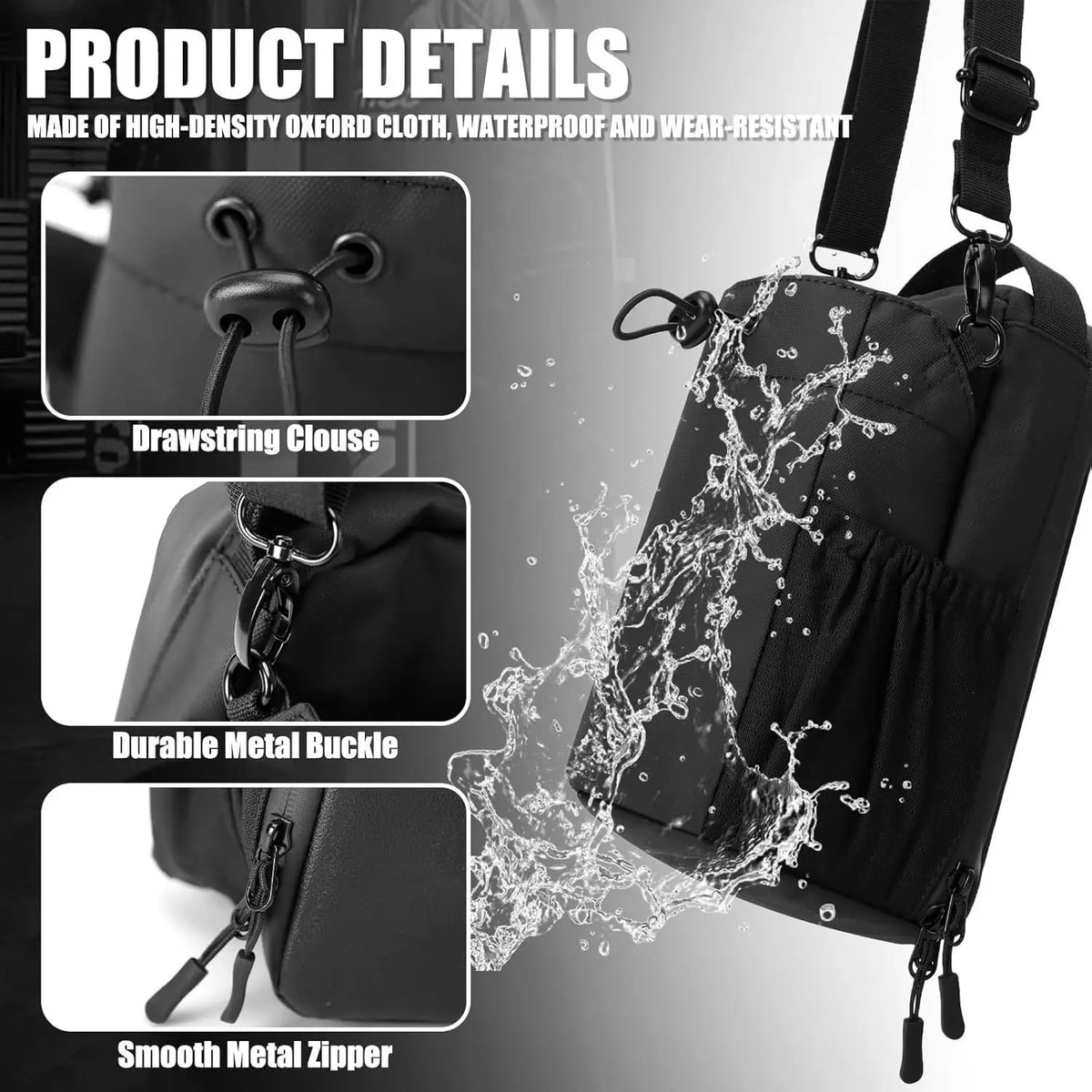 Black Oxford cloth magnetic water bottle bag showing details like a drawstring closure, durable metal buckle, and smooth meta