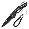 A black folding stainless steel survival knife with a sheath and lanyard.