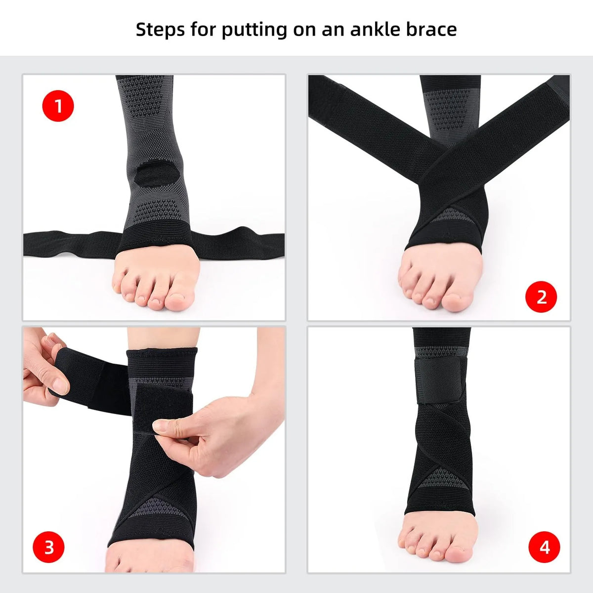 Four steps demonstrating how to put on an ankle brace for foot and arch support.
