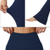 Navy high-waisted yoga leggings with flare details shown from the side and back.