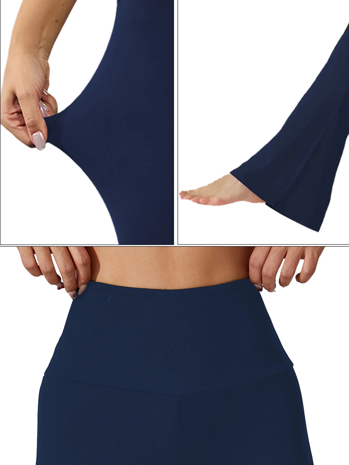 Navy high-waisted yoga leggings with flare details shown from the side and back.