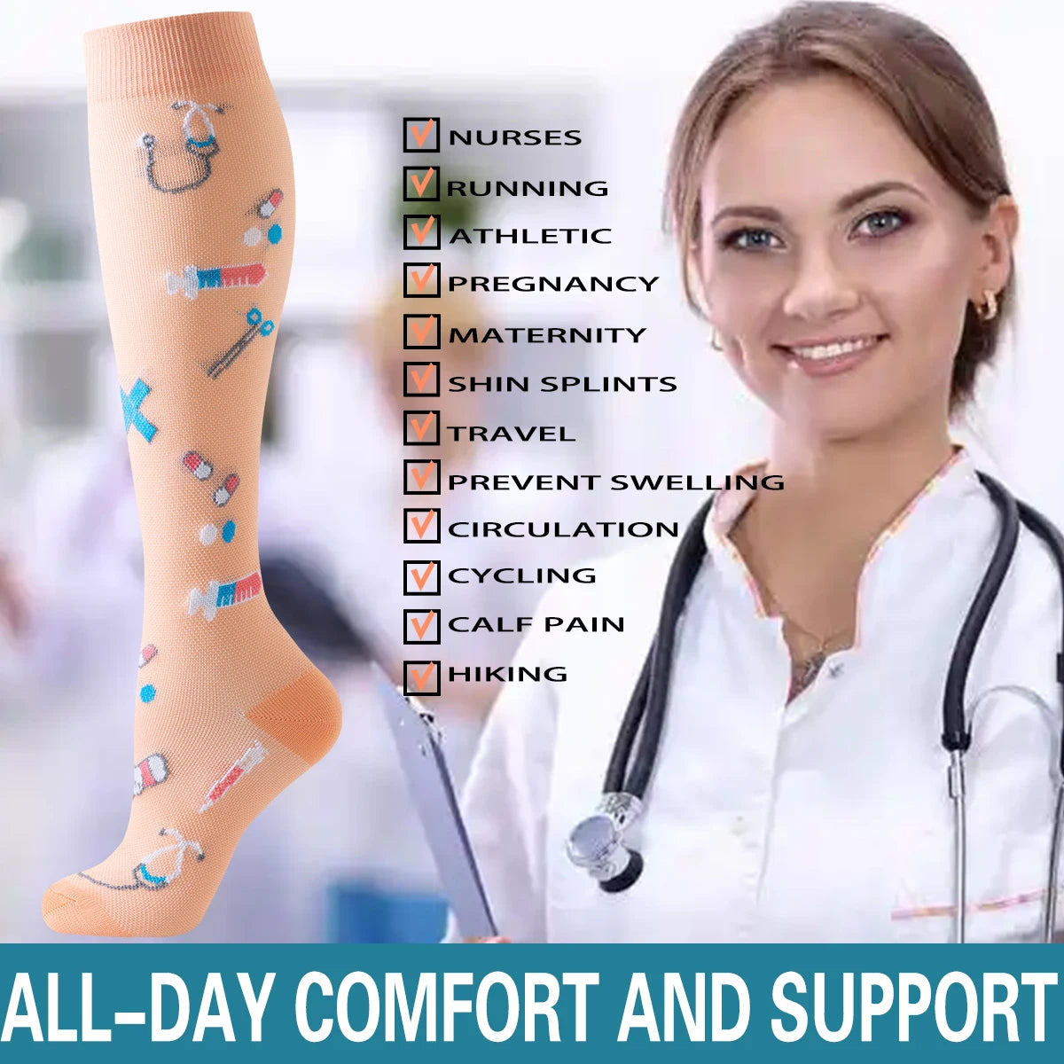 A woman wearing orange knee-high compression socks for athletic support and circulation.