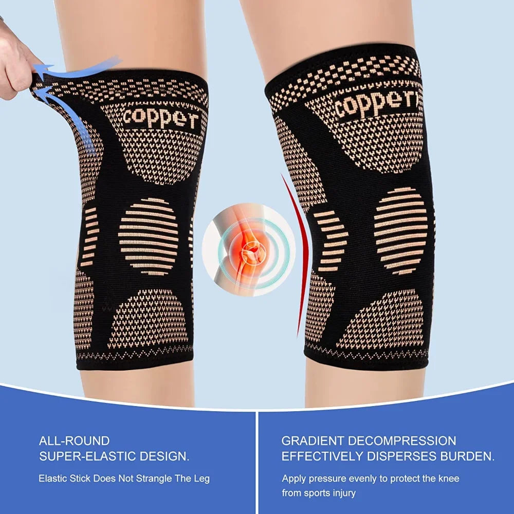 Black copper knee compression sleeve applied to a leg, showing elastic design and pressure distribution.