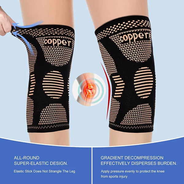 Manchon de compression noir cuivre sur la jambe, montrant la conception élastique et la distribution de la pression.