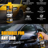 A yellow spray coating agent bottle is shown with various features and a hand applying the product to a car surface.