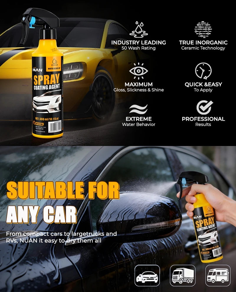 A yellow spray coating agent bottle is shown with various features and a hand applying the product to a car surface.