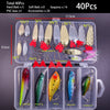 A kit of 40 fishing lures including various baits, sequins, accessories, and finished lures in a clear plastic box.