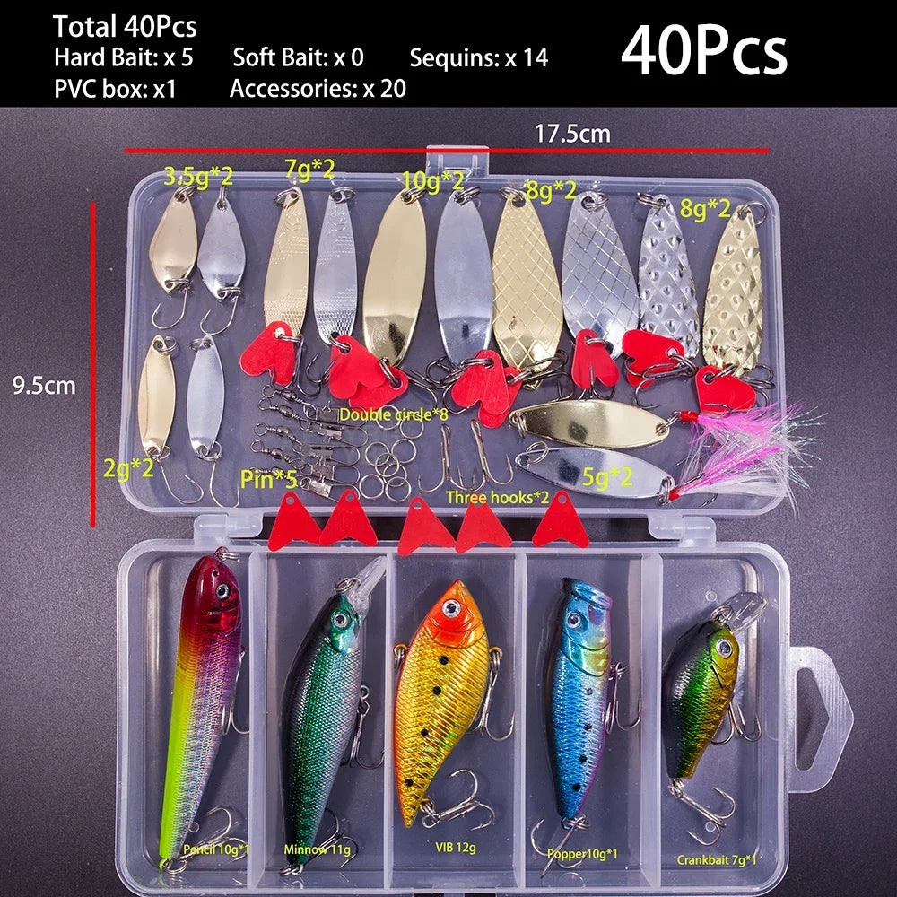 A kit of 40 fishing lures including various baits, sequins, accessories, and finished lures in a clear plastic box.