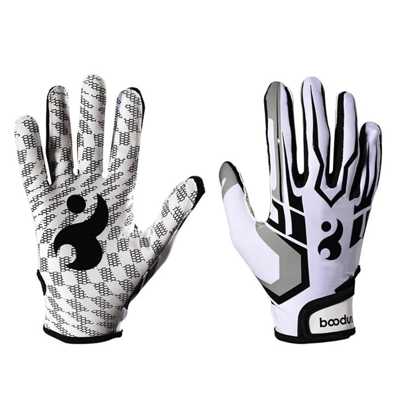 Une paire de gants sport anti-dérapants rugby blanc et noir sur fond blanc.