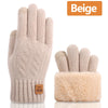 Beige women's thermal touchscreen knit gloves shown in a close-up view