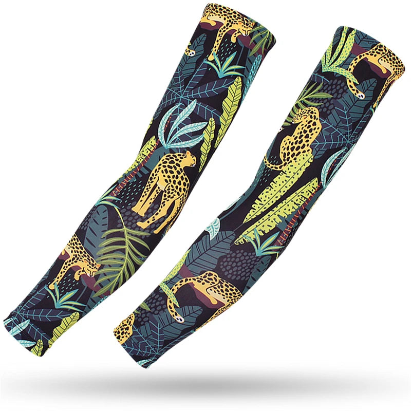 Two patterned sports arm sleeves featuring yellow and green leopard print on a dark background