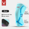 Light blue compression knee support sleeve with silicone anti-slip features