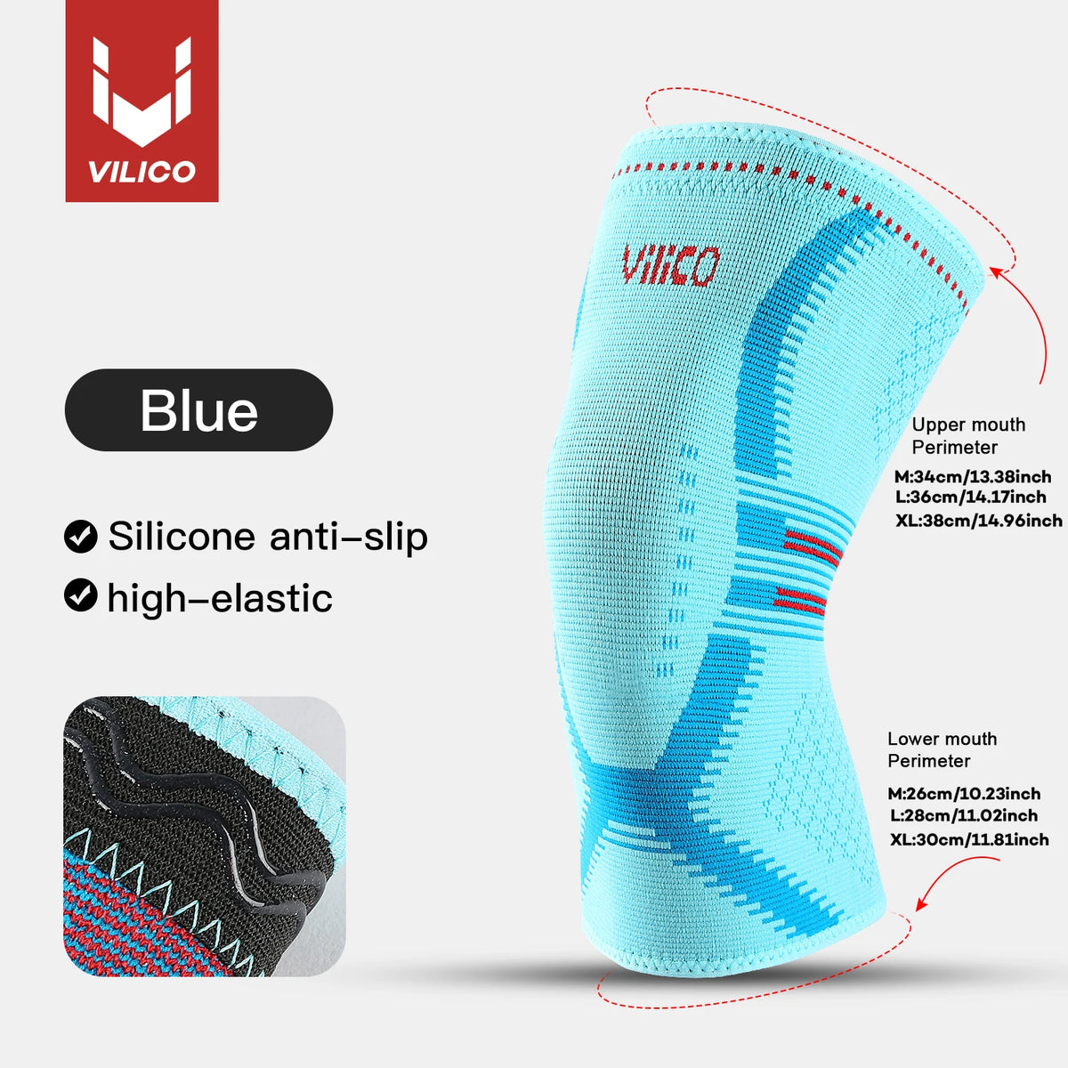 Light blue compression knee support sleeve with silicone anti-slip features