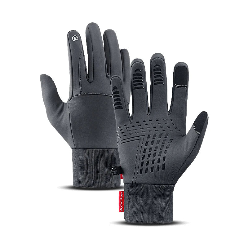 A pair of black all-weather sports gloves with touch screen technology shown against a white background.