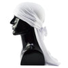 A black mannequin head wearing a white distressed pirate style durag head wrap.