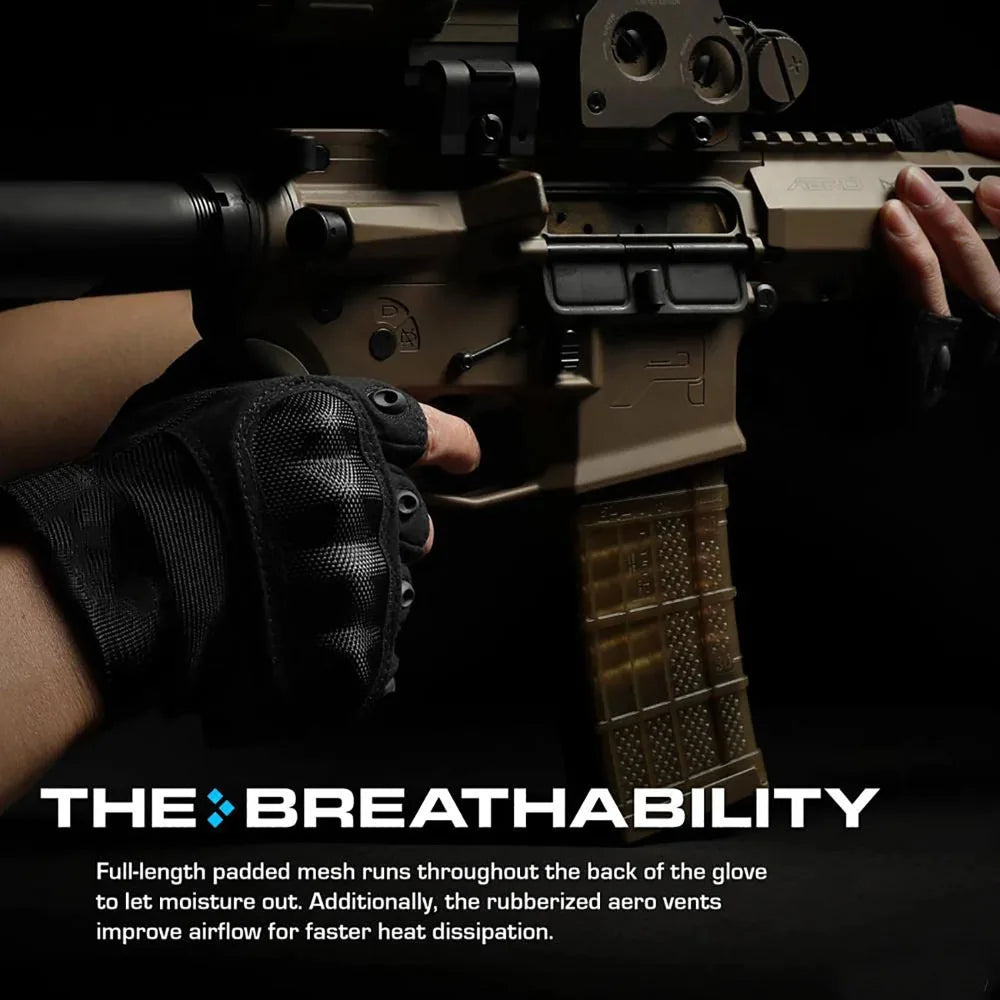 Tactical fingerless gloves with padded mesh and rubberized aero vents used for firearm handling.