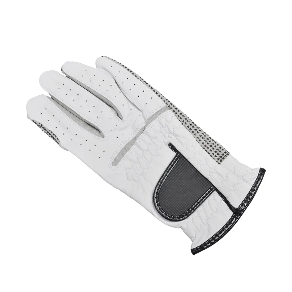 A white golf glove for men shown from the palm side, featuring a textured grip and a black accent patch.